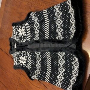 Christopher and Banks Black and White Pattern Vest with Faux Fur Trim